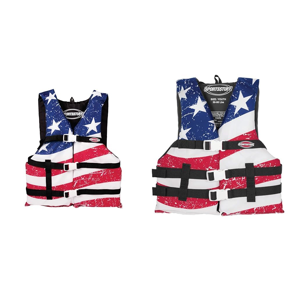 SPORTSTUFF Stars and Stripes Life Jacket, US Coast Guard Approved, Type III, Adult, Child, Youth Sizes