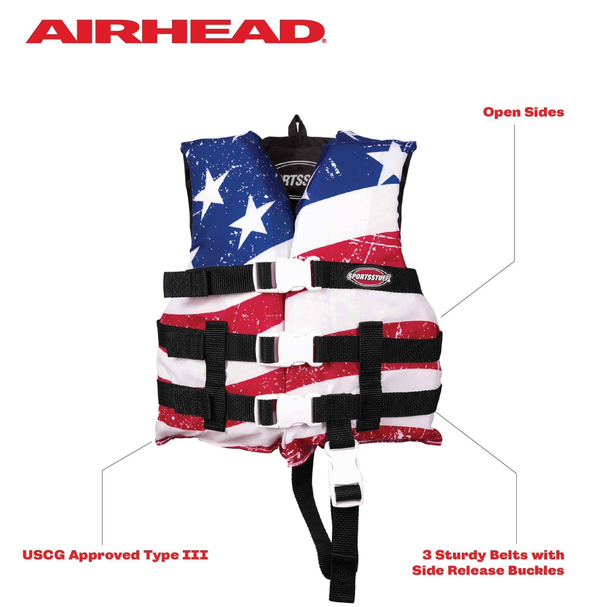SPORTSTUFF Stars and Stripes Life Jacket, US Coast Guard Approved, Type III, Adult, Child, Youth Sizes