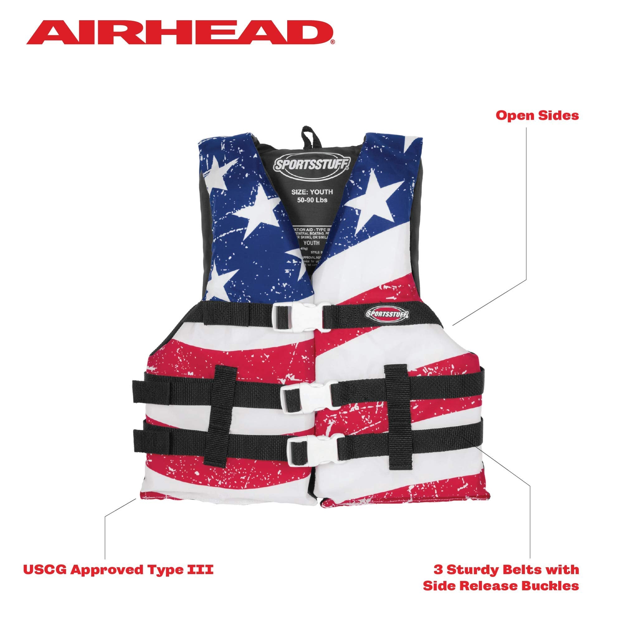 SPORTSTUFF Stars and Stripes Life Jacket, US Coast Guard Approved, Type III, Adult, Child, Youth Sizes